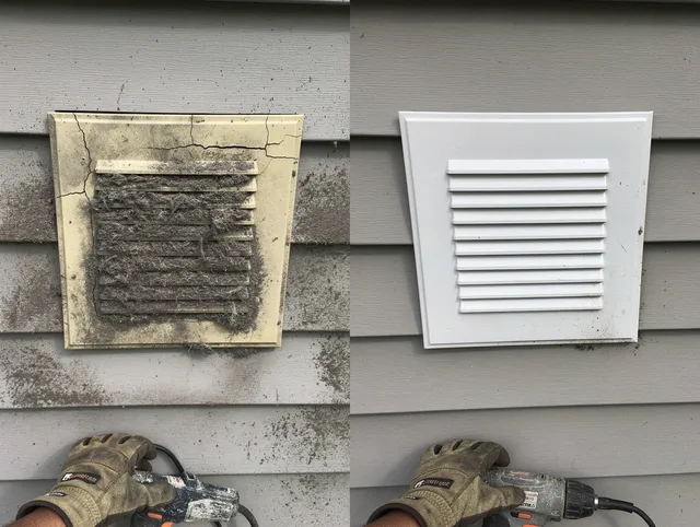 Stevenson Ranch Dryer Vent Cleaning technician installing high-quality dryer vent cover at a residential property in Stevenson Ranch