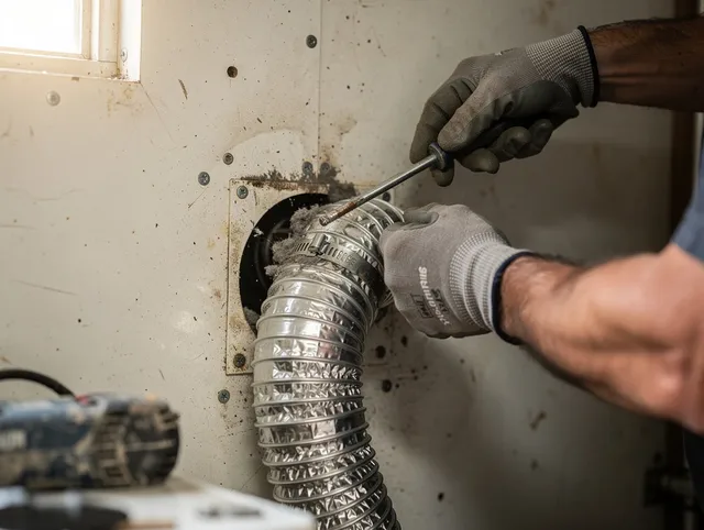 Stevenson Ranch Dryer Vent Cleaning technician performing precise dryer vent hose installation in Stevenson Ranch